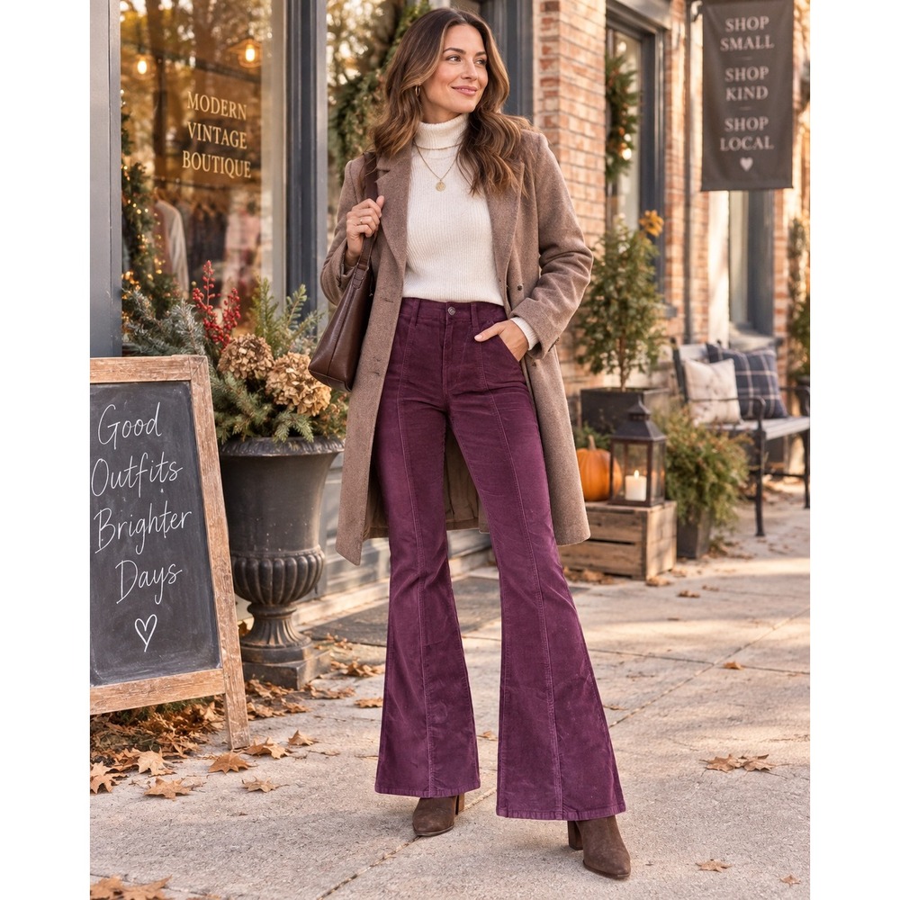 Forever 21 Women S Purple Corduroy Flare Pant High Rise Seam Detail Cotton Blend